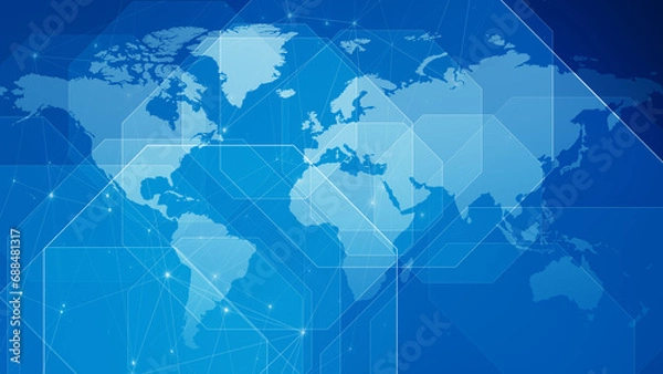 Obraz Breaking news map octagons reveal global communication with connected lines and dots on blue technology background, perfect for worldwide news and broadcast graphics