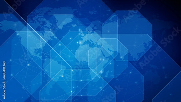Fototapeta Connected lines and dots map octagons for global communication and technology background with blue world news backdrop and worldwide network connections