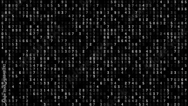 Obraz Numerical code sequence counting digits on black texture for random numbers in data science algorithm, coding for computational data analysis and communication