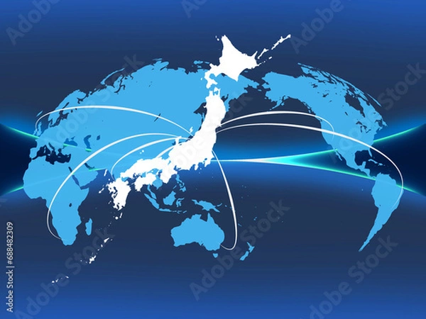 Obraz 青の半円模様と世界地図を配した日本地図

