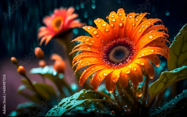 Fototapeta orange flower with water drops on it in garden, ai generated