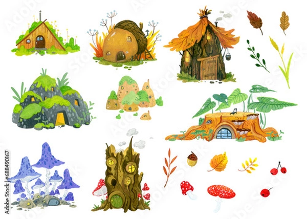 Fototapeta set of decorative elements - small forest houses and autumn leaves and grass on a white background