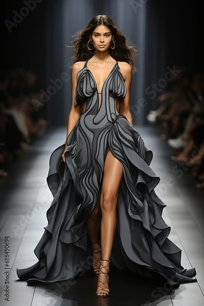 Obraz A runway filled with model showcasing the latest trends in haute couture at a glamorous Fashion Week event