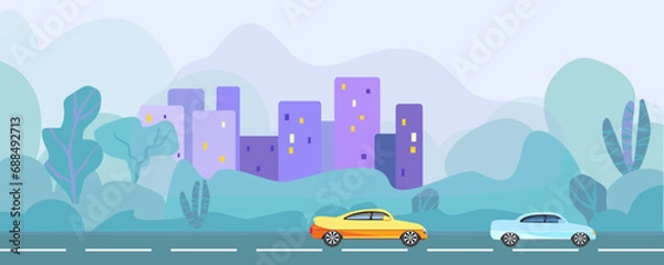 Fototapeta Ecology in the city and street greening. Road with a car, Not AI, hand drawn. Vector illustration