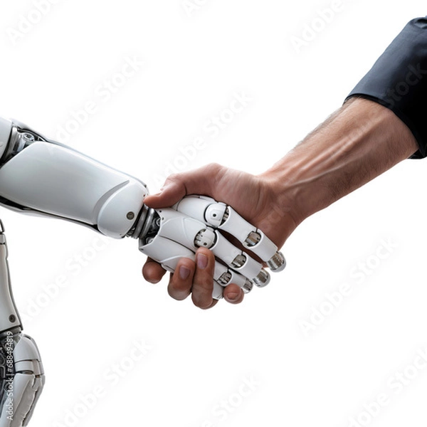 Fototapeta Robot and a man shaking hands isolated on transparent background