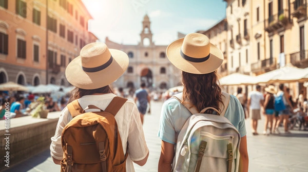 Fototapeta Fun, friends, travel and tourism concept. Beautiful young women seeing the sights in an European city. Two female friends tourists wearing hats and backpacks travel around Europe. Trip, vacation