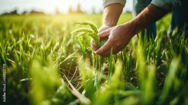 Fototapeta Farmer hand touches green leaves of young wheat in the field, the concept of natural farming, agriculture. Business or ecology concept.