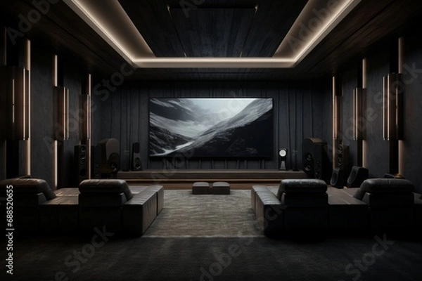 Fototapeta A minimalist home theater with hidden speakers, plush seating, and a blackout curtain for an immersive cinematic experience