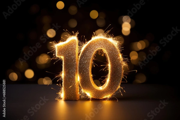 Obraz Golden sparkling number ten on black background. Symbol 10. Invitation for a tenth birthday party or business anniversary.