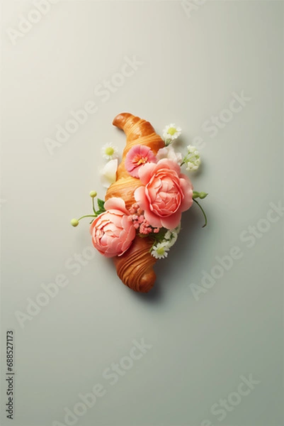 Fototapeta Delicious croissant with spring flowers on gray background. French traditional food concept with copy space. View from above
