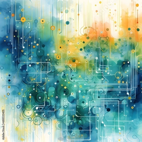 Obraz Watercolor background with circuit board patterns and subtle tech elements