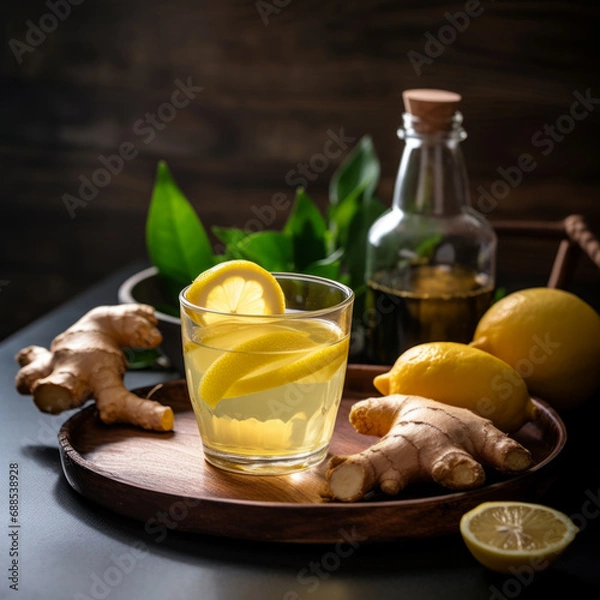 Fototapeta healthy ginger tea with lemon, Natural cold and flu home remedies.