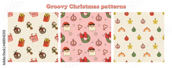Fototapeta Groovy Christmas seamless pattern. Comic retro winter characters and decorative elements. Hippie decor textile, wrapping paper, wallpaper design. Cartoon vector in 70s 80s, xmas background