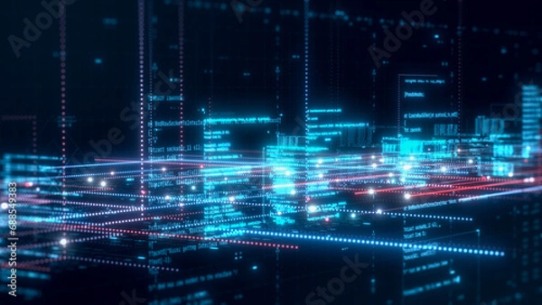 Obraz abstract complex neural data network with programming code, concept of web development, machine learning, artificial intelligence, futuristic technology (3d render)