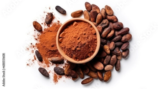 Obraz Cocoa ingredients with cocoa beans, fresh cocoa pod and cocoa mass isolated on white background.
