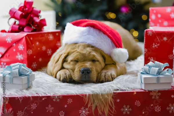 Obraz Golden labrador dog sleeping in the housed dressed as Santa Claus