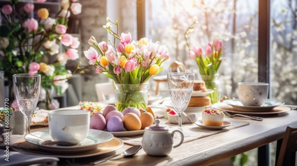 Fototapeta easter table setting with spring bouquet and easter eggs, easter morning 
