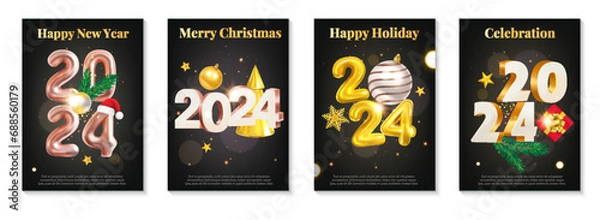 Obraz Happy New Year 2024 and Merry Christmas card set