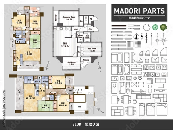 Obraz 間取図　3LDK（水彩カラー）