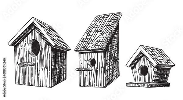 Fototapeta Wooden bird houses outline clipart set. Spring time doodles collection. Vector illustration in engraving style isolated on white.