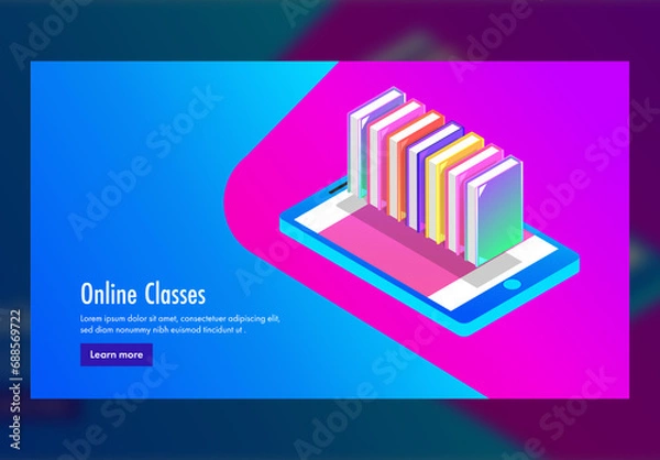 Fototapeta Online Classes Concept Based Landing Page In Blue And Pink Color, E-Library At Smartphone.