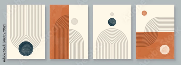 Fototapeta Boho Wall Art Set 3 or 4 Pieces of Posters Abstract Boho Rainbow Prints Boho Artwork Mid Century Modern Neutral Beige Wall Decor