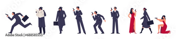 Fototapeta Set of men and women secret agents in different poses flat style