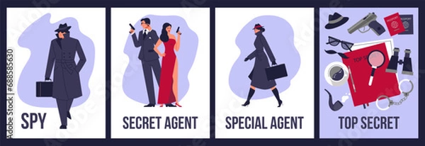 Fototapeta Secret agent and spy posters set, flat vector illustration.