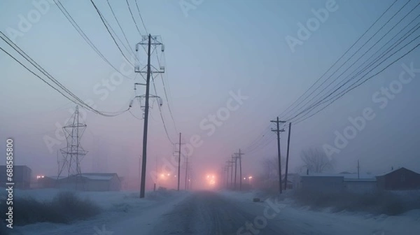 Fototapeta AI illustration of a snow covered road and a backdrop of power lines on the horizon.