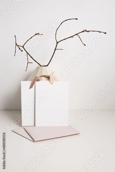Obraz A pair of gift certificates in a porcelain vase with dry branches on a light background and envelopes