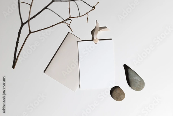 Obraz Flatlay gift certificate with an envelope of branches and stones