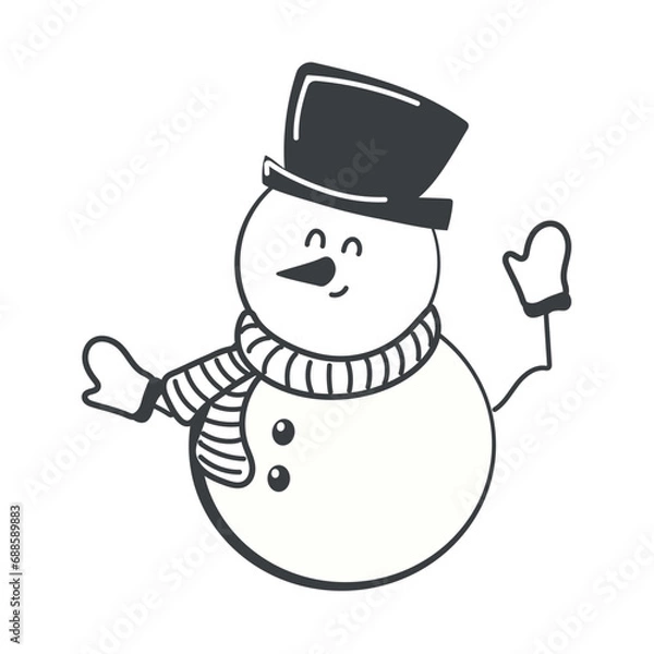 Obraz Winter element of black line set. A cute character - a snowman who kindly greets all viewers is depicted in this themed winter illustration with a special style. Vector illustration.