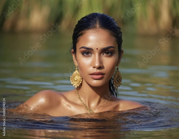 Fototapeta Beautiful ethnic woman model in native dress in water on blurred background