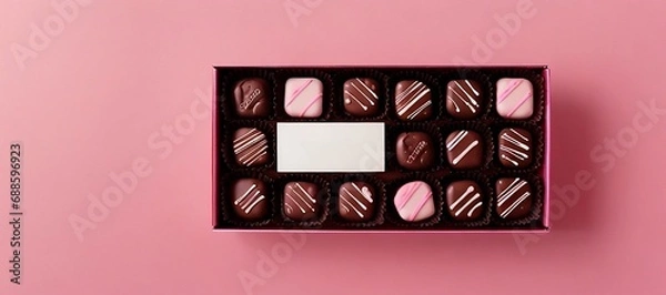 Fototapeta Bird's eyes view of  a box of chocolate on a cute pastel pink background, Valentine background with copy space