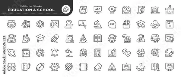 Fototapeta Set of line icons in linear style. Series - Education, school, university studies, knowledge,learning, student and teacher. Outline icon collection. Conceptual pictogram and infographic.