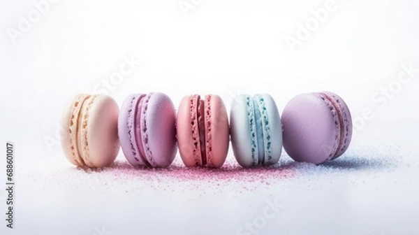 Fototapeta group of macarons on white sugar powder with same format arranged in a creative or unusual way , copy space, 16:9
