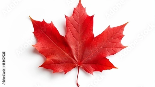 Fototapeta On an isolated white background, a red maple leaf as an autumn emblem as a seasonal themed notion as an icon of the fall weather.