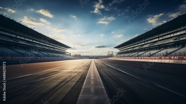 Obraz Sunset circuit motion blur road.Evening scene asphalt international race track with starting or end line.