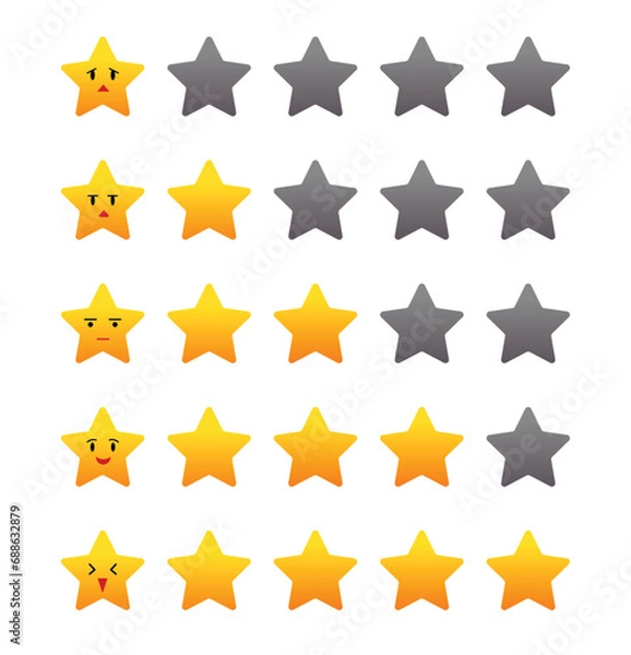 Fototapeta From 1 to 5 yellow gold stars rating with cute cartoon faces emoticon vector illustration set isolated on white plain background. Simple flat art styled drawing. Rank, valuation, mark concept art.