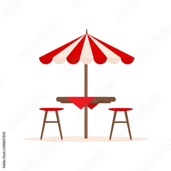 Obraz Furniture for summer patio holiday. Restaurant or cafe wooden table with chairs and beach umbrella. Vector illustration isolated on white background