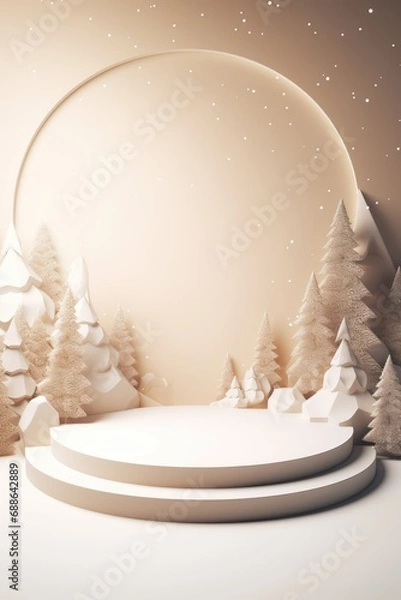Fototapeta Merry Christmas banner with stage product display cylindrical shape and festive decoration for Christmas, snow background, promotion display, 3D rendering product display platform.