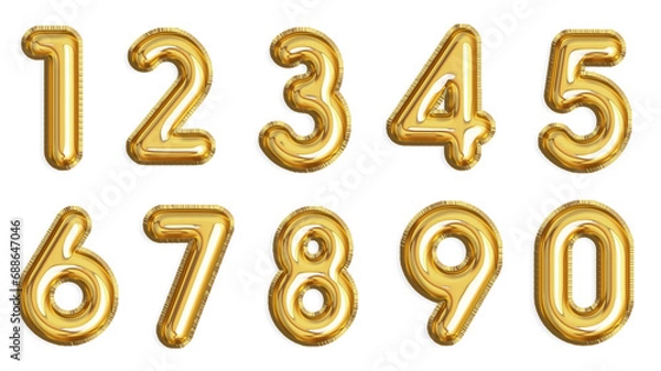 Fototapeta Golden balloons in the shape of numbers from 0 to 9. Transparent background. Resource in png.
