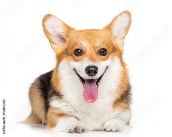 Fototapeta Welsh Corgi, dog, smile, portrait on a white background, isolate