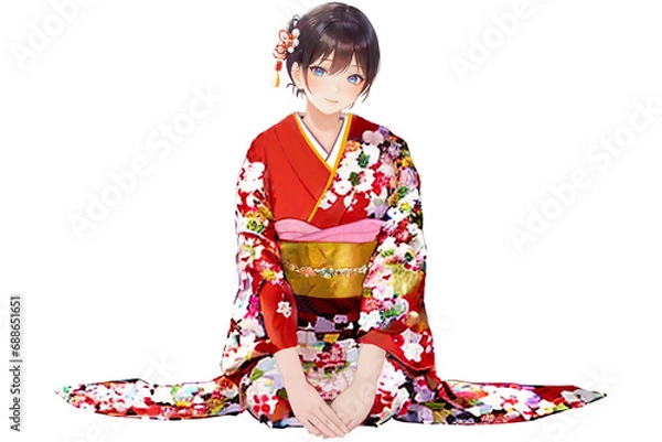 Fototapeta 正座をしている赤い振袖の女の子