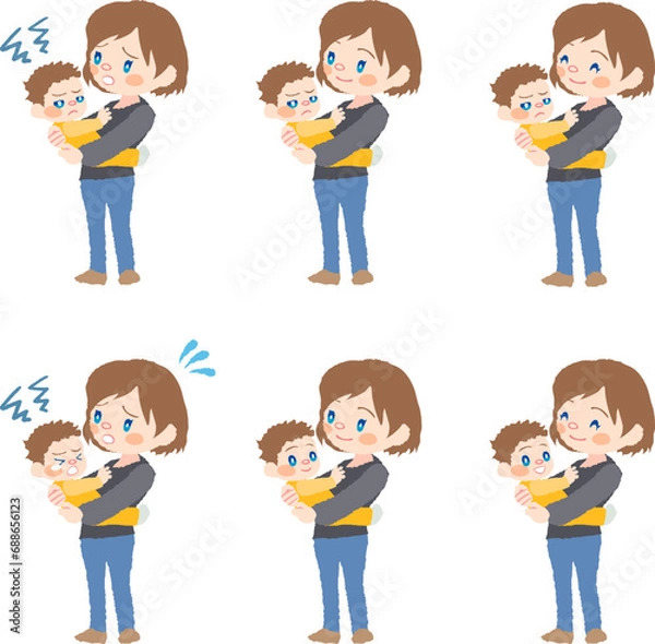 Obraz お母さんと抱っこされた赤ちゃんのイラストセット