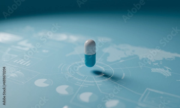 Fototapeta Capsule in mid-air on graphs and big data of the global diffusion of the new pharmaceutical drug.