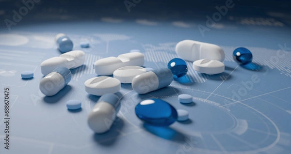 Fototapeta Pills, tablets and capsules on world map with charts blue background. International pharmaceutical research concept.