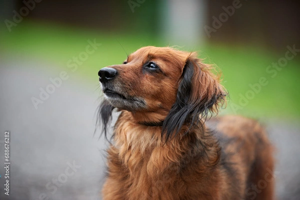 Obraz Red long-haired dachshund in the village in summer