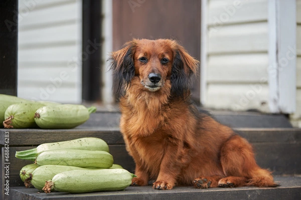 Obraz Red long-haired dachshund in the village in summer with zucchini