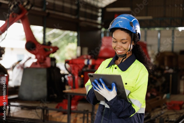 Fototapeta Portrait of female mechanical engineer worker in yellow hard hat and safety uniform using tablet standing at manufacturing area of industrial factory